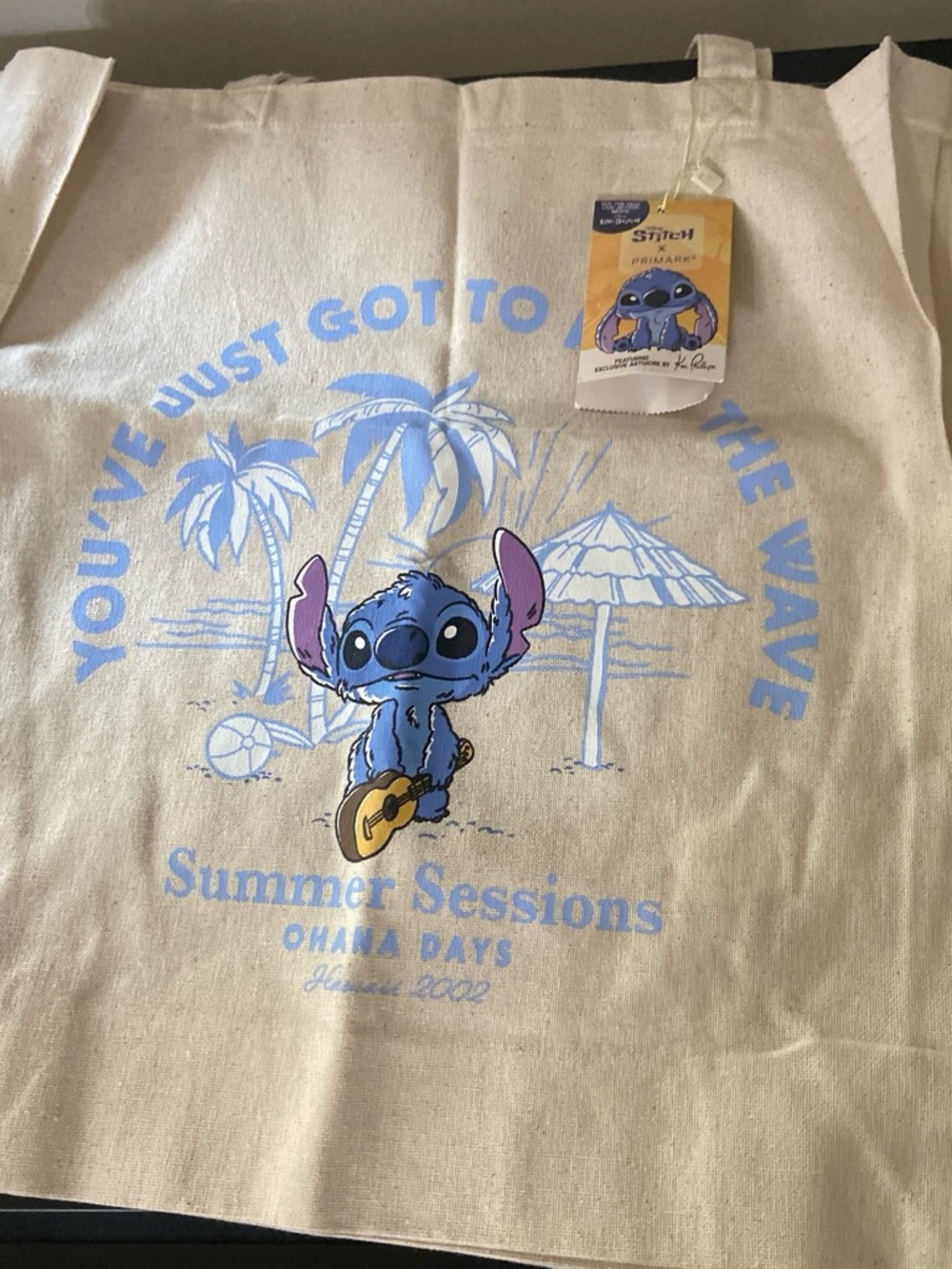 Disney Beige Canvas Tote with Blue Stitch Graphic - Picture 3 of 3